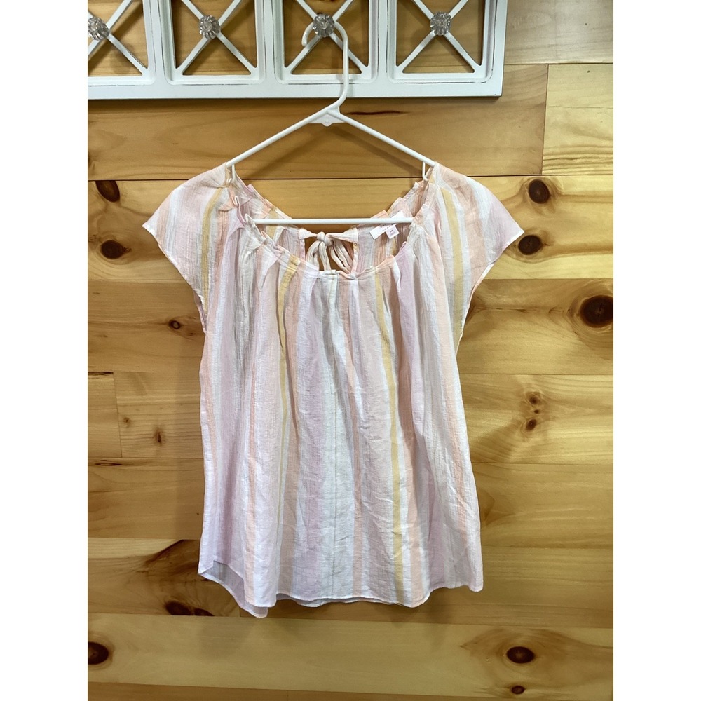 Lauren Conrad Womens Pink Peach Striped Cotton Gauze Tie Blouse Size M - Picture 2 of 10